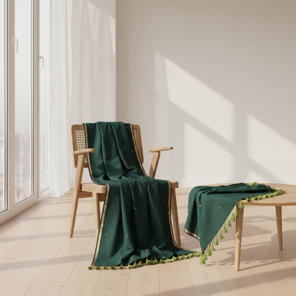 Vayu- Bottle Green Mulmul with small Ginni & zari border