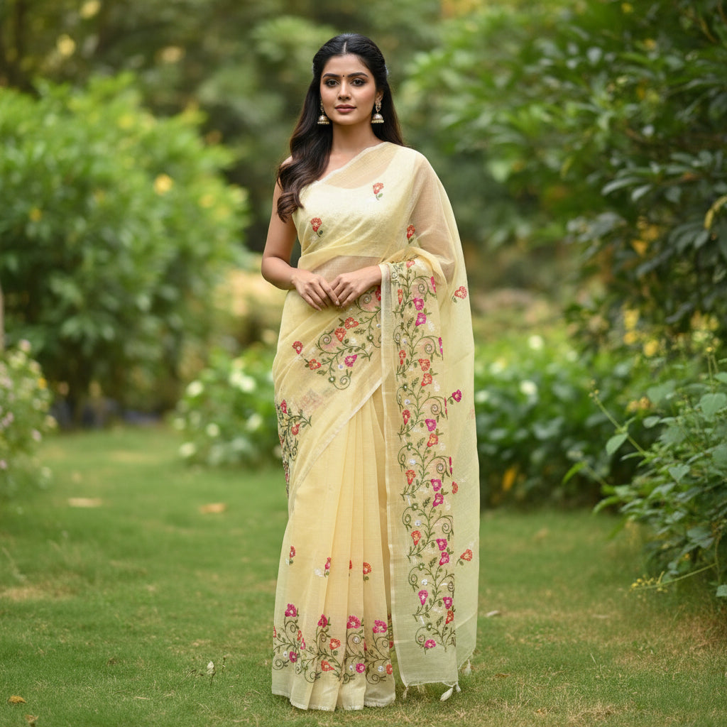 Vayu- Kota Pearl Yellow Floral Saree