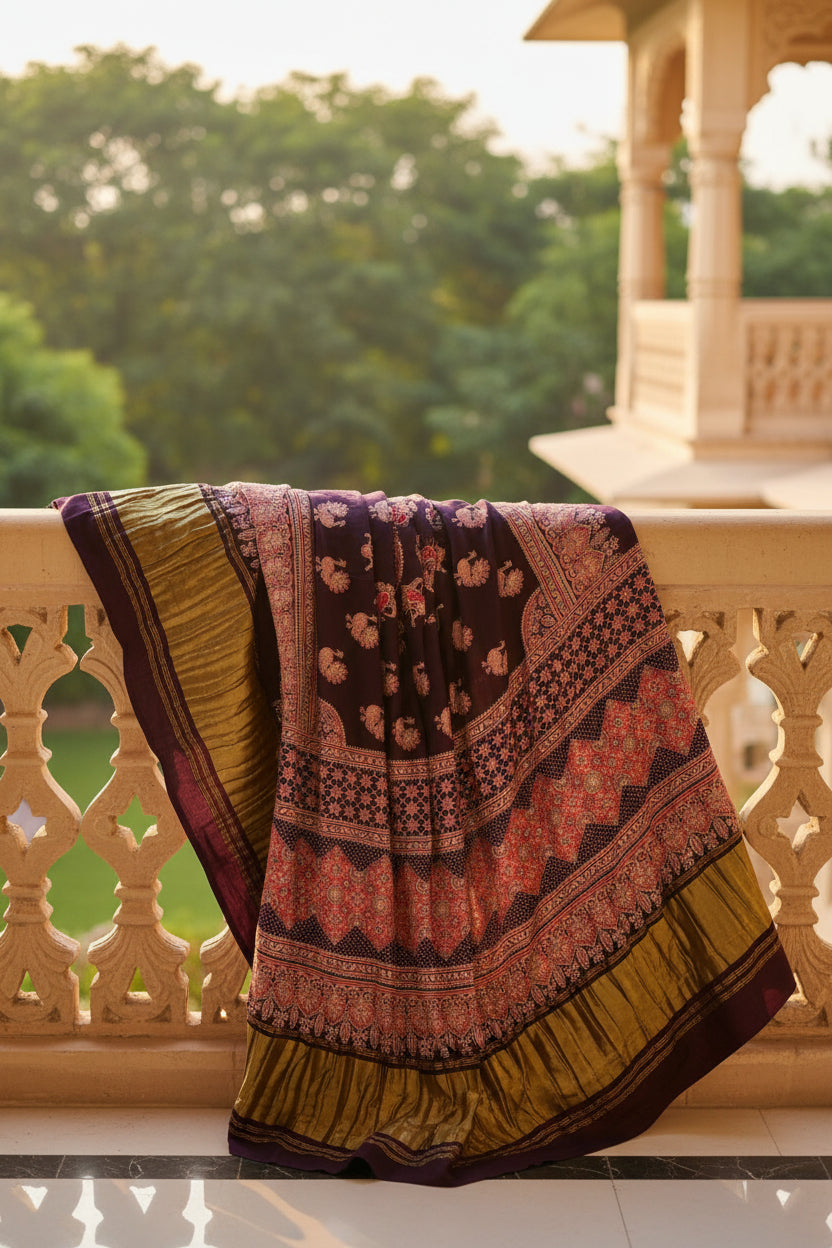 Nazakat - Wine & Gold With Lagdi Pallu Ajrak Sheesh