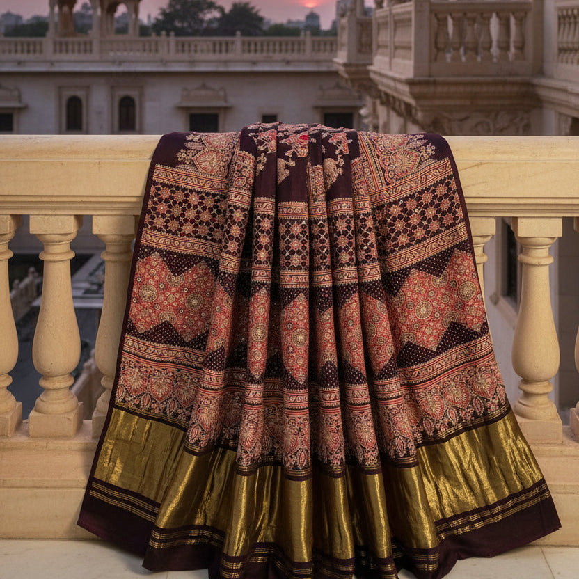 Nazakat - Wine & Gold With Lagdi Pallu Ajrak Sheesh