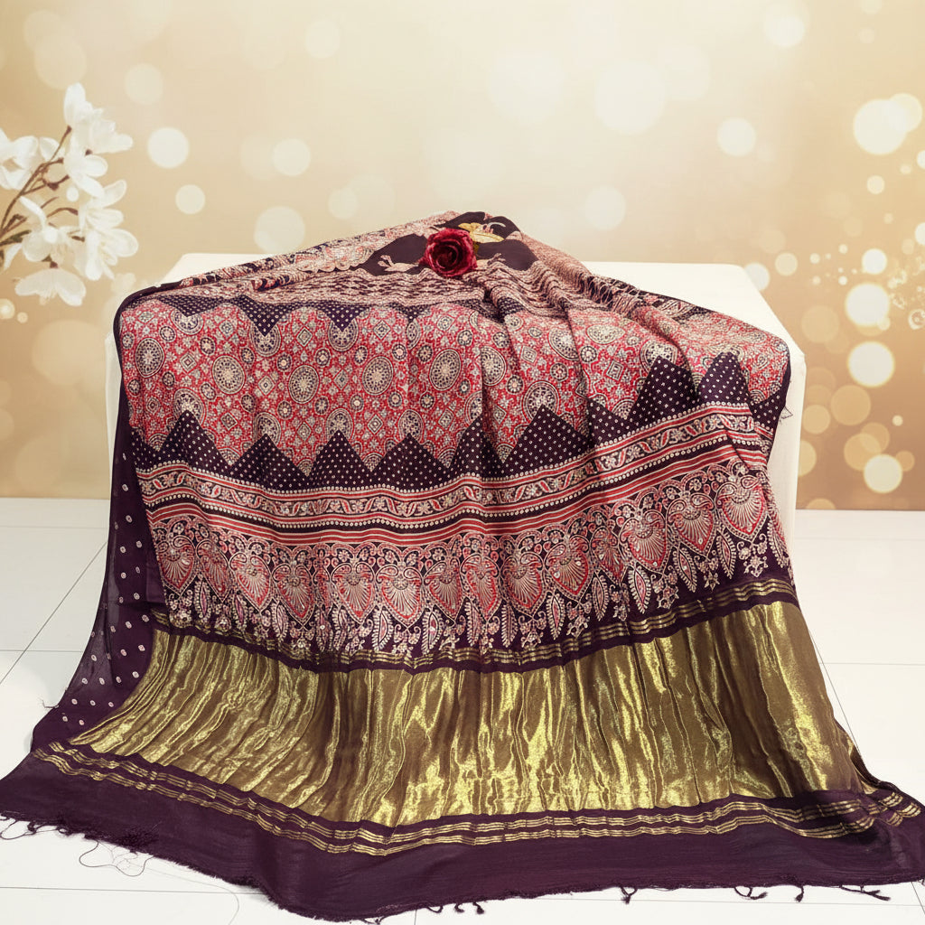Nazakat - Wine & Gold With Lagdi Pallu Ajrak Sheesh