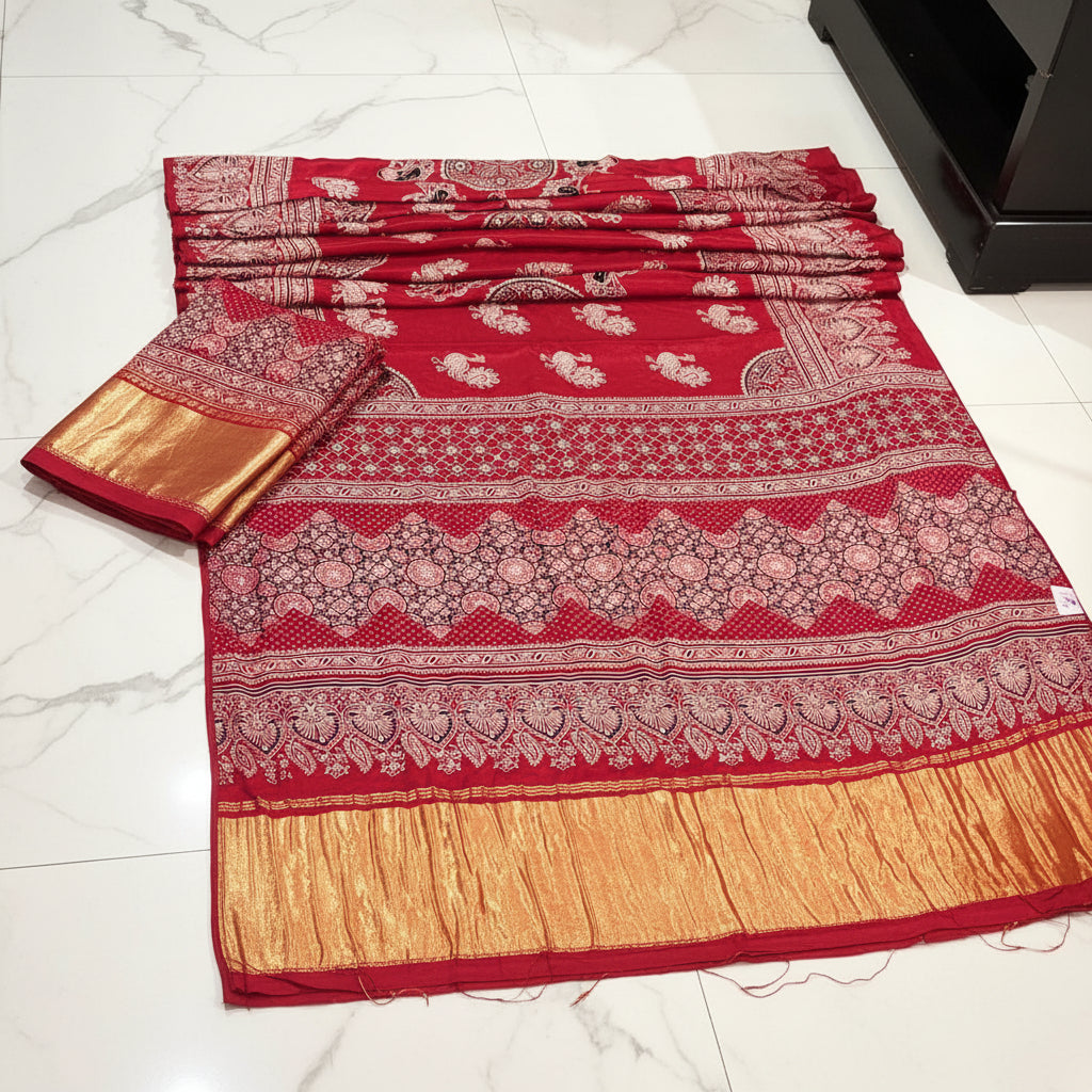 Nazakat - Red & Gold With Lagdi Pallu Ajrak Sheesh