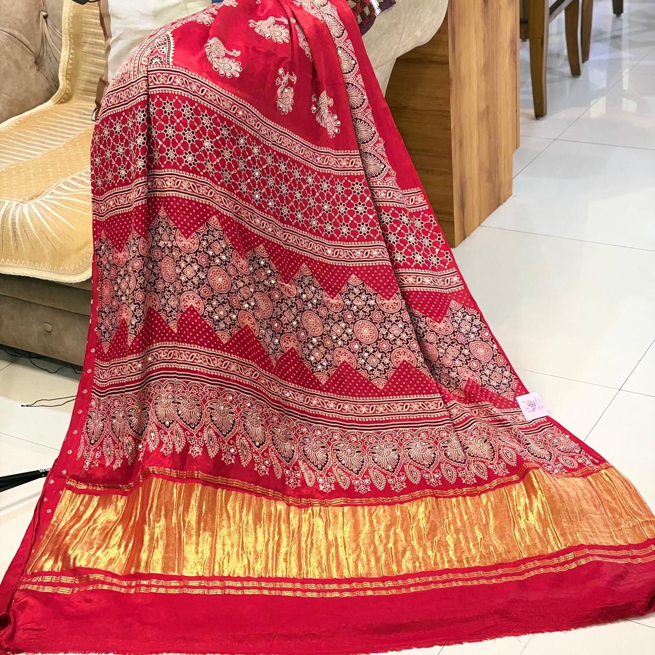 Nazakat - Red & Gold With Lagdi Pallu Ajrak Sheesh