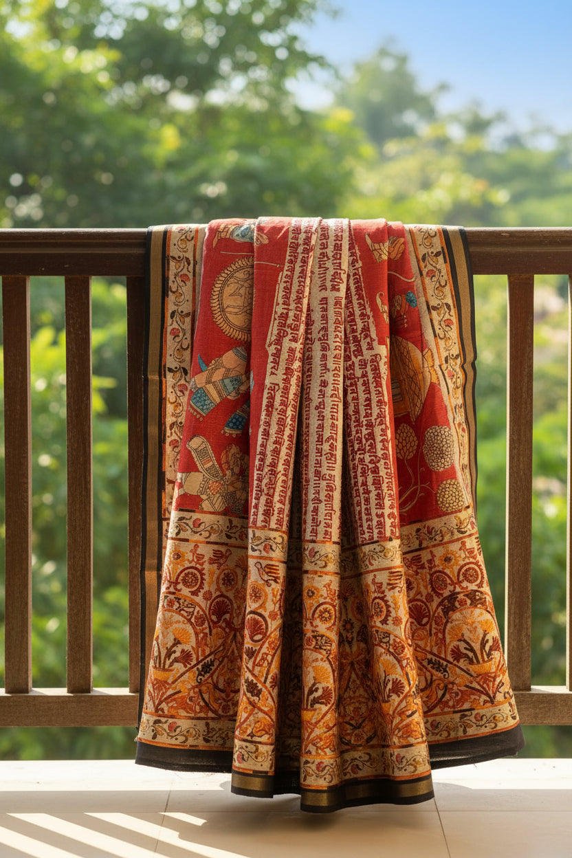 Ehsaas - Darbari Red Scripted Maheshwari Silk