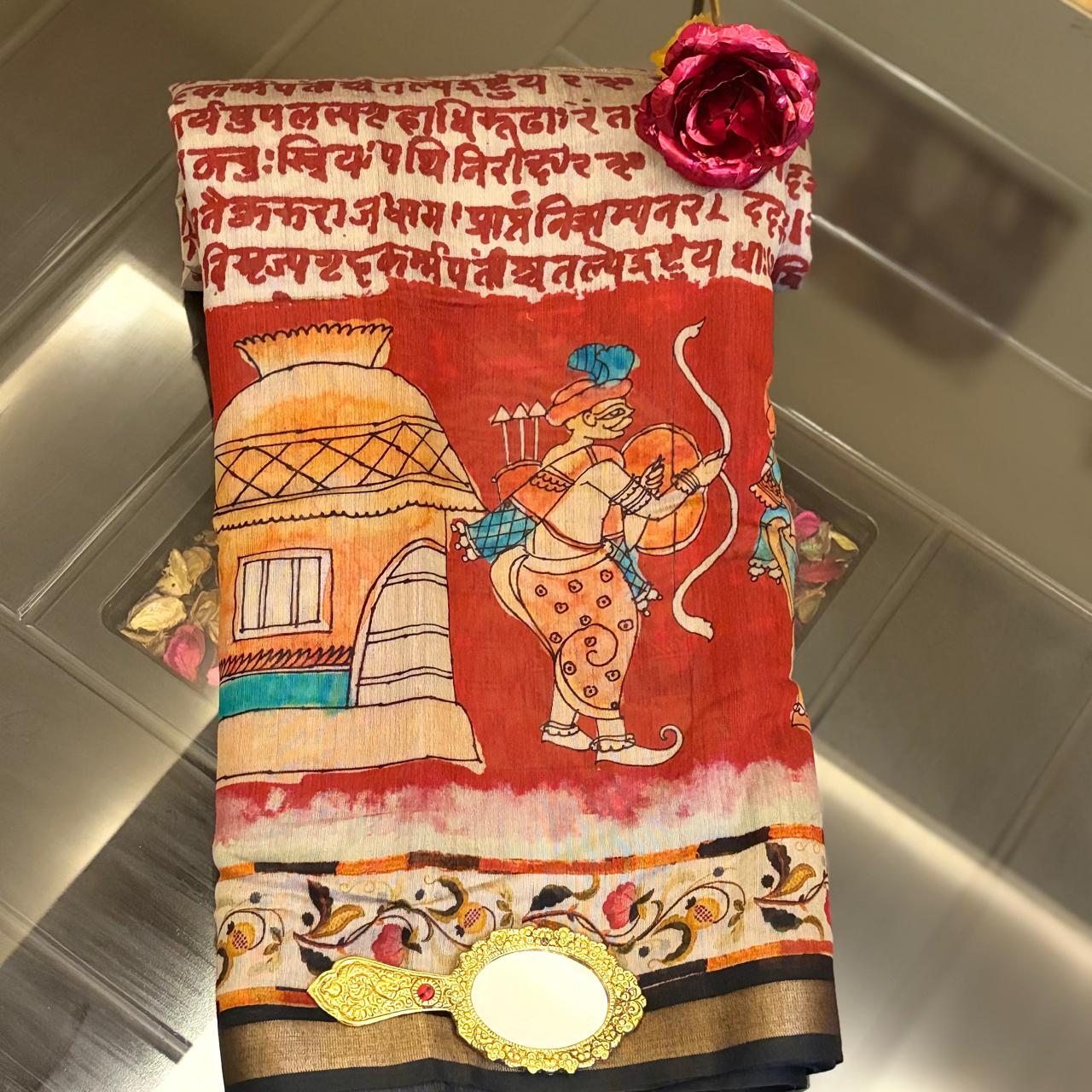 Ehsaas - Darbari Red Scripted Maheshwari Silk