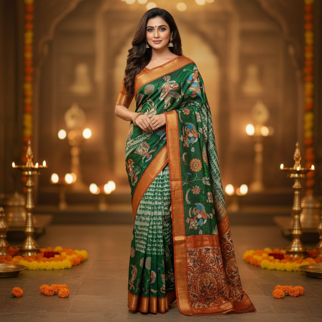 Ehsaas - Darbari Green Scripted Maheshwari Silk