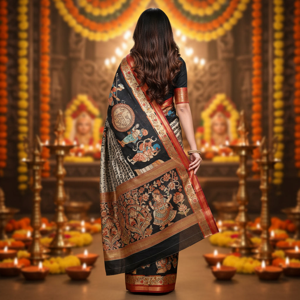 Ehsaas - Darbari Black Scripted Maheshwari Silk
