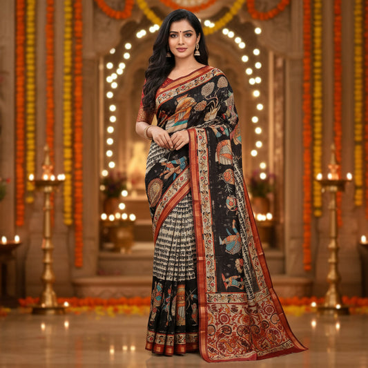 Ehsaas - Darbari Black Scripted Maheshwari Silk