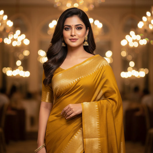 Ehsaas - Mustard Maheshwari Silk With Temple Zari Border