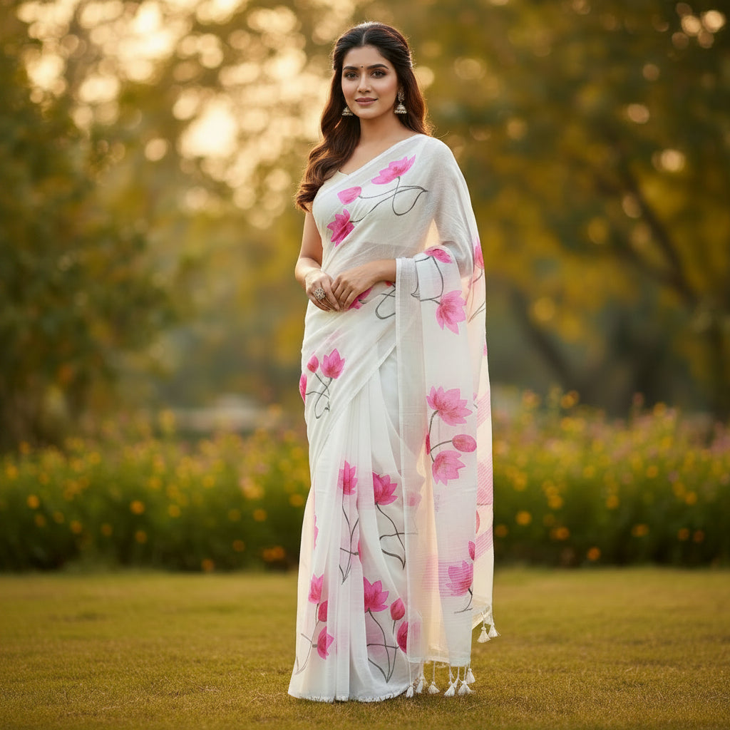 Vayu- Mulmul White Lotus Handpaint