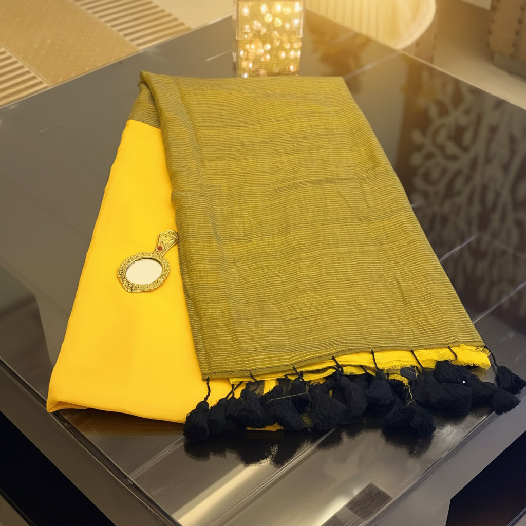 Vayu- Mulmul Plain yellow with Zari Pallu