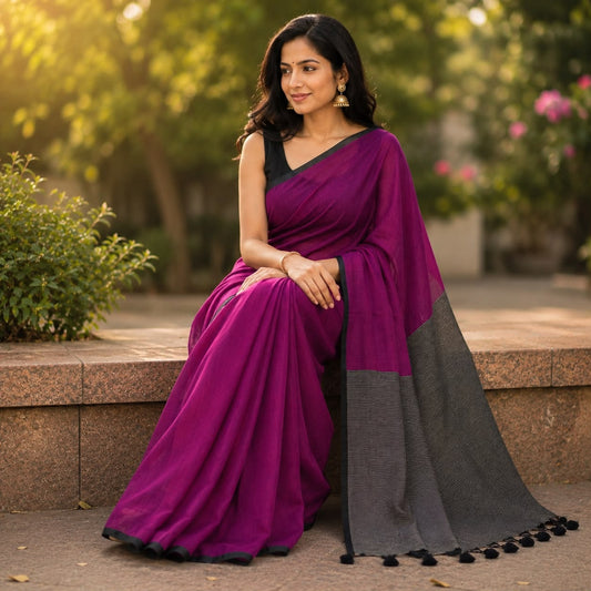 Vayu- Mulmul Plain Purple with Zari Pallu