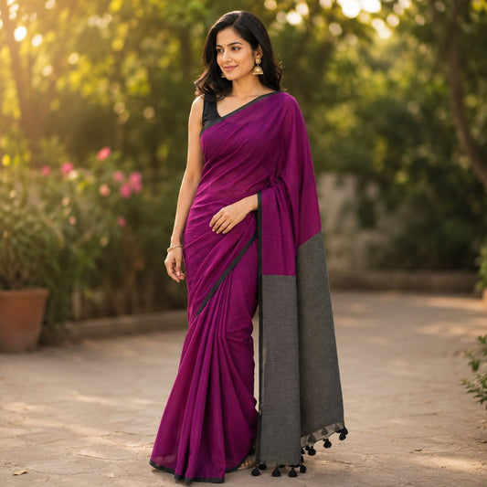 Vayu- Mulmul Plain Purple with Zari Pallu