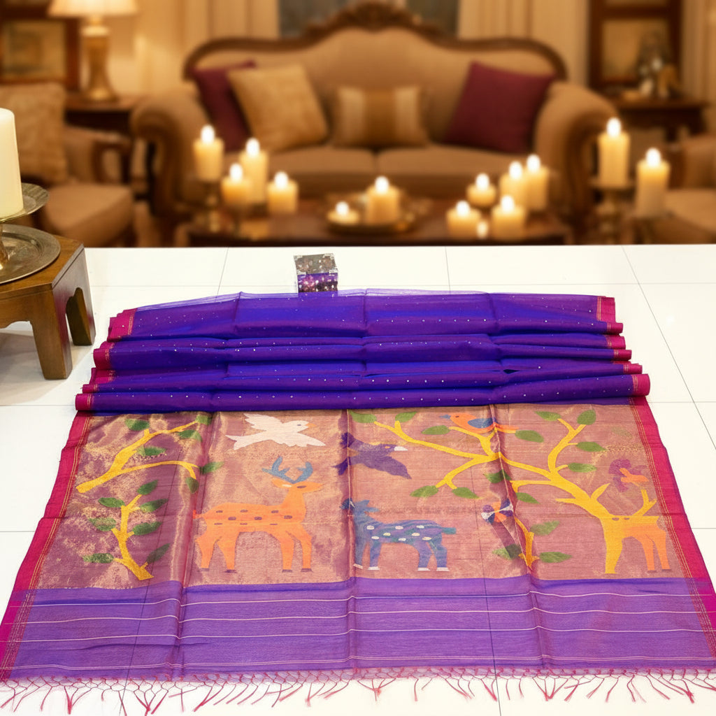 Premium- Blue Muslin Sequence Paithani Pallu