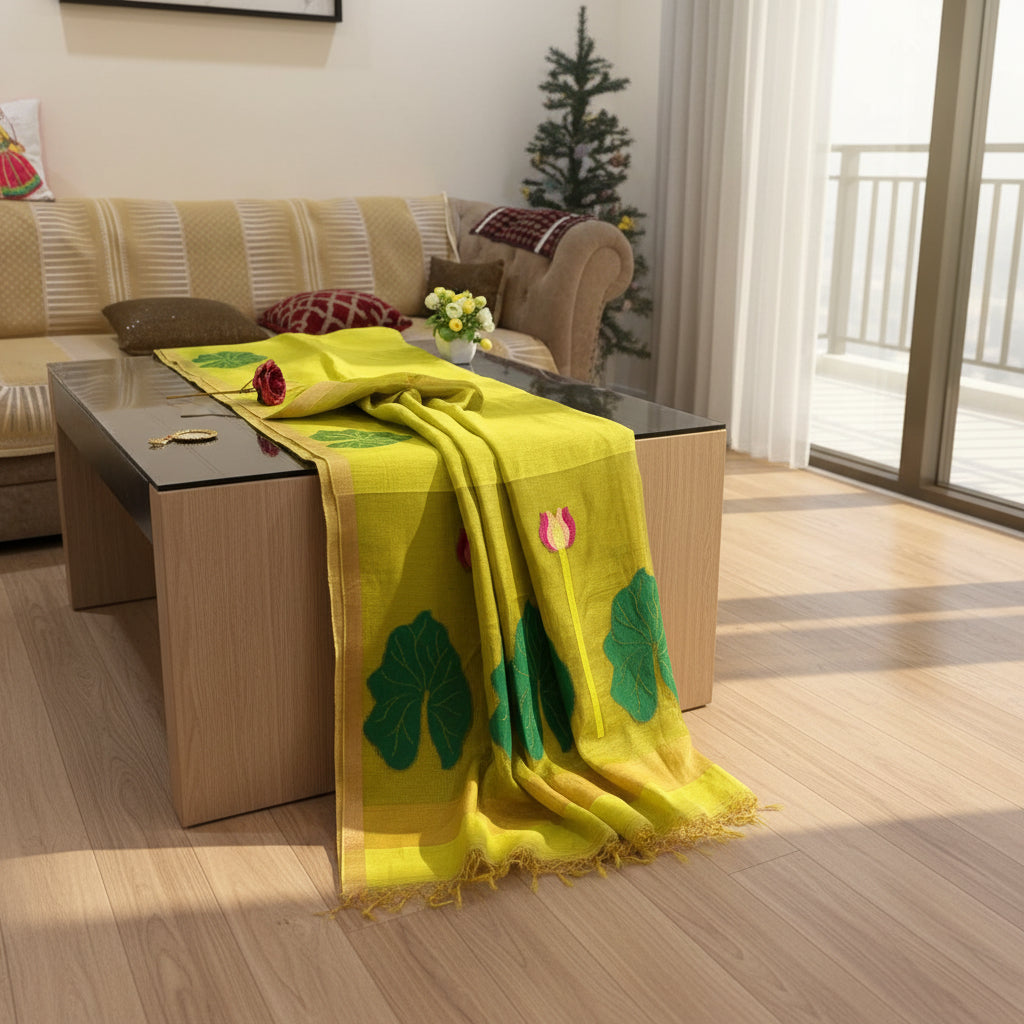 Premium- Green Silk Linen Jamdaani Lotus