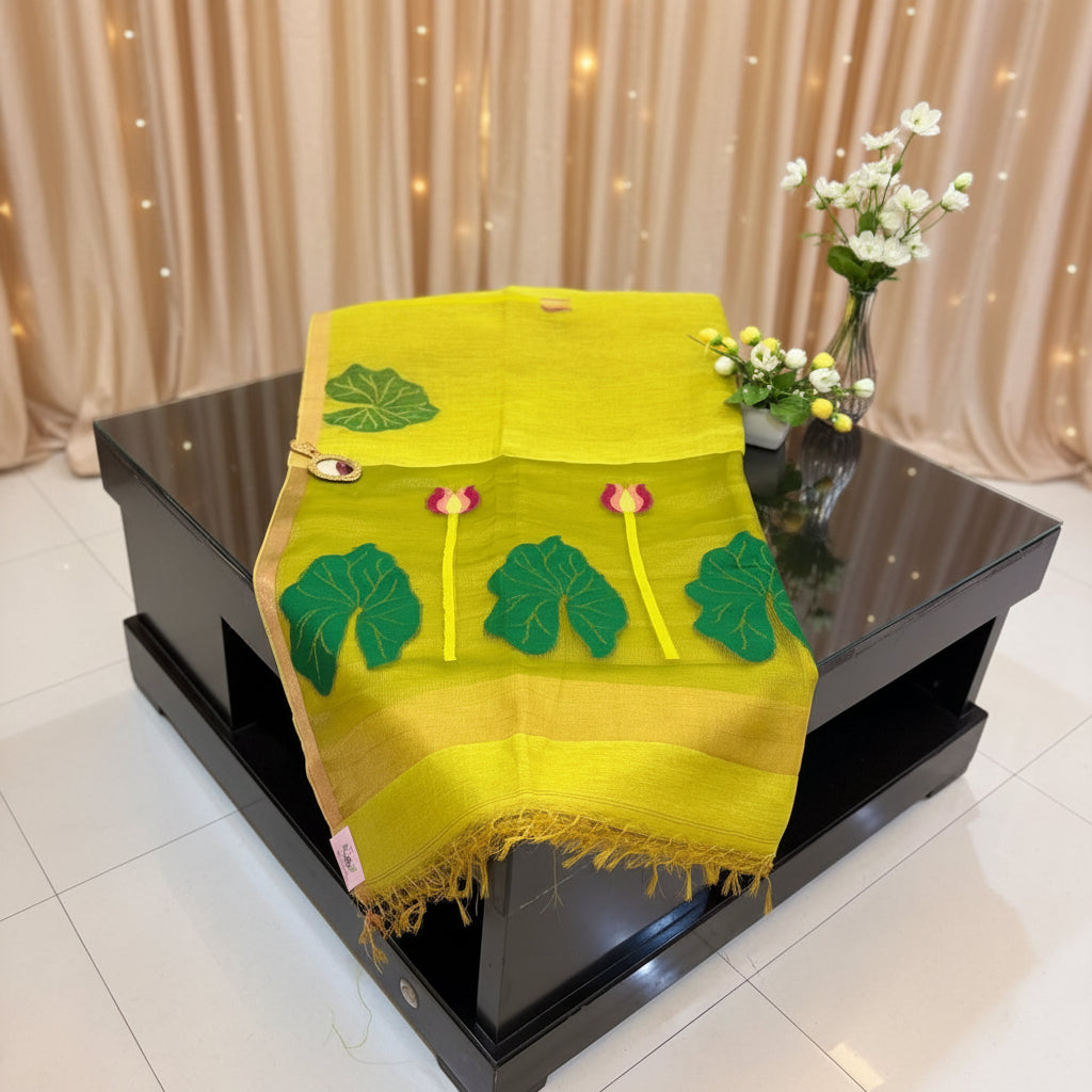 Premium- Green Silk Linen Jamdaani Lotus