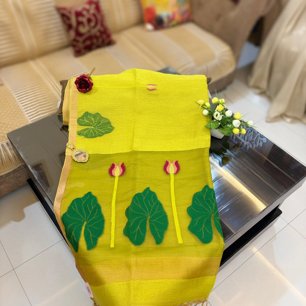 Premium- Green Silk Linen Jamdaani Lotus