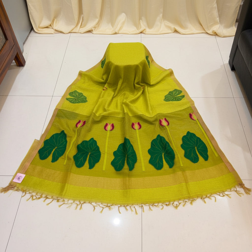 Premium- Green Silk Linen Jamdaani Lotus
