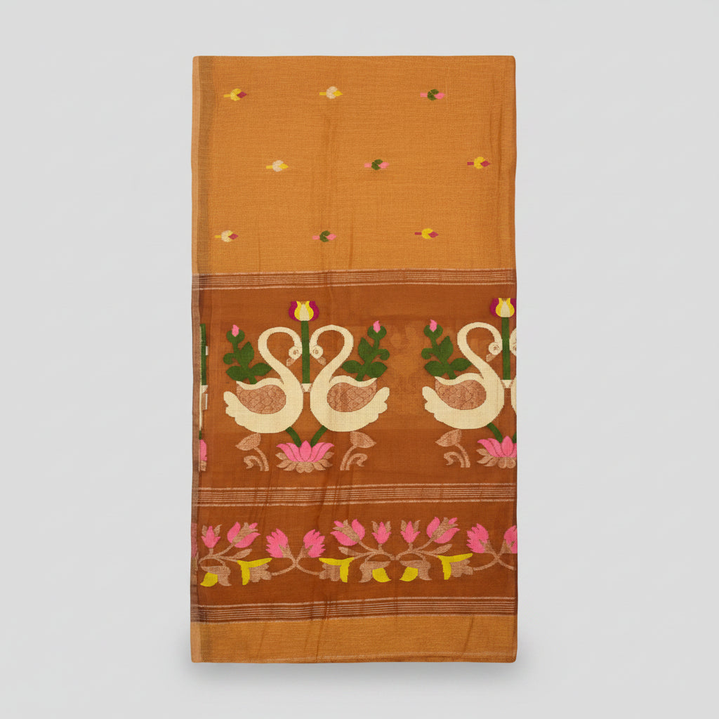 Premium- Rust Orange Silk Linen Jamdaani Swan