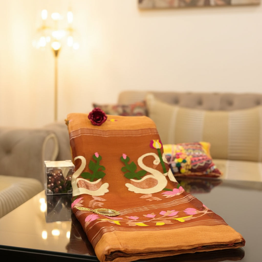 Premium- Rust Orange Silk Linen Jamdaani Swan
