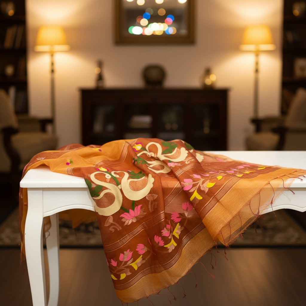 Premium- Rust Orange Silk Linen Jamdaani Swan