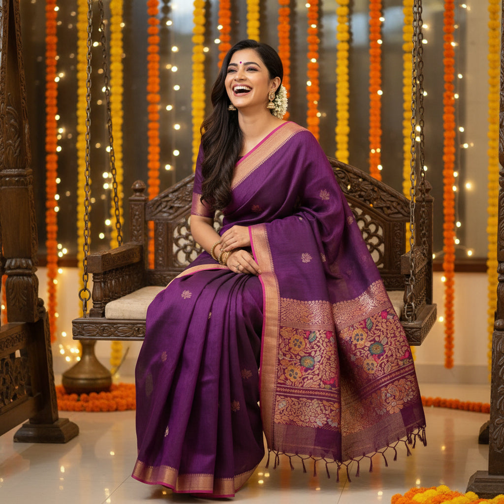 Ehsaas- Linen Purple|Silver & copper Zari Ikkat
