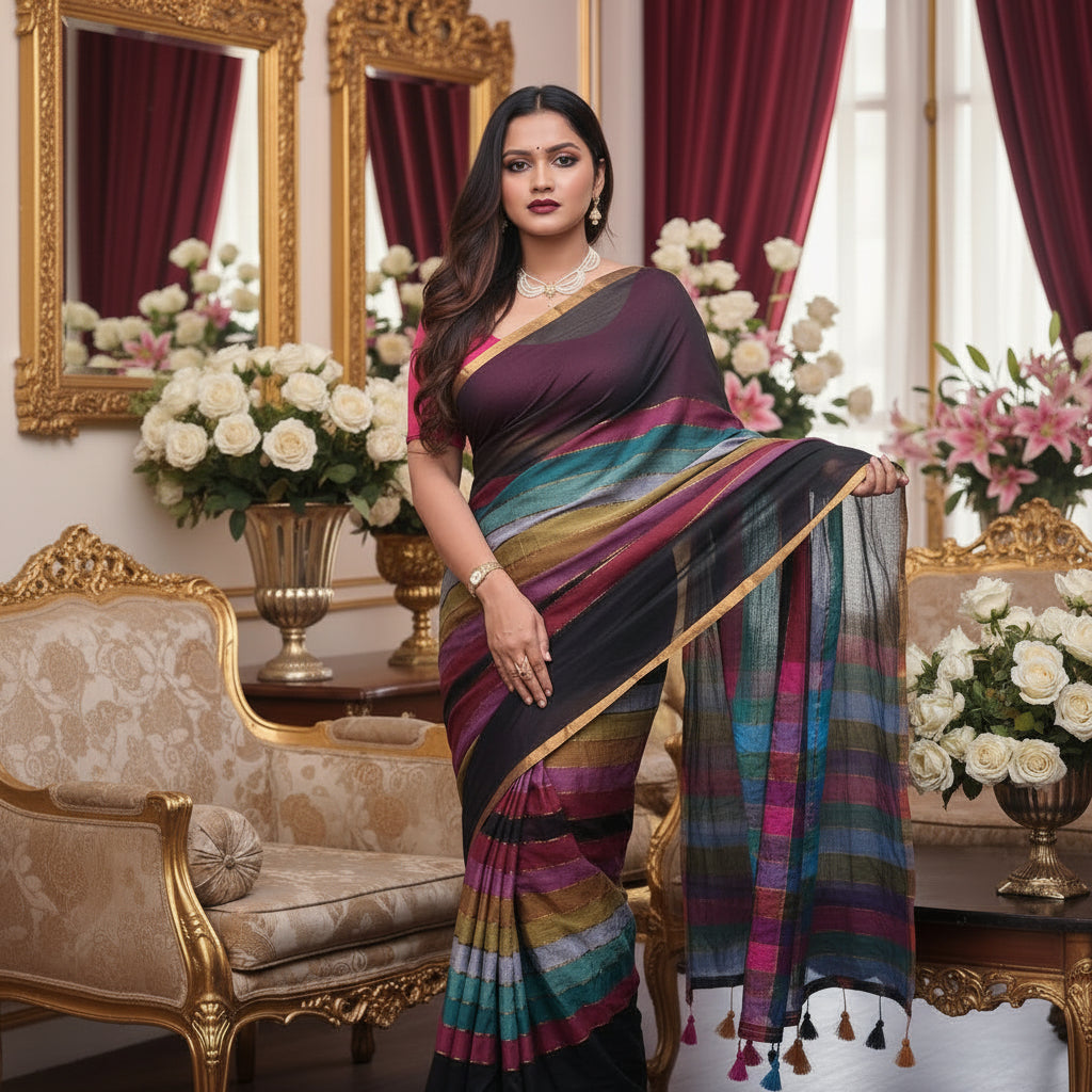 Vayu -Handwoven Rainbow Black Mul