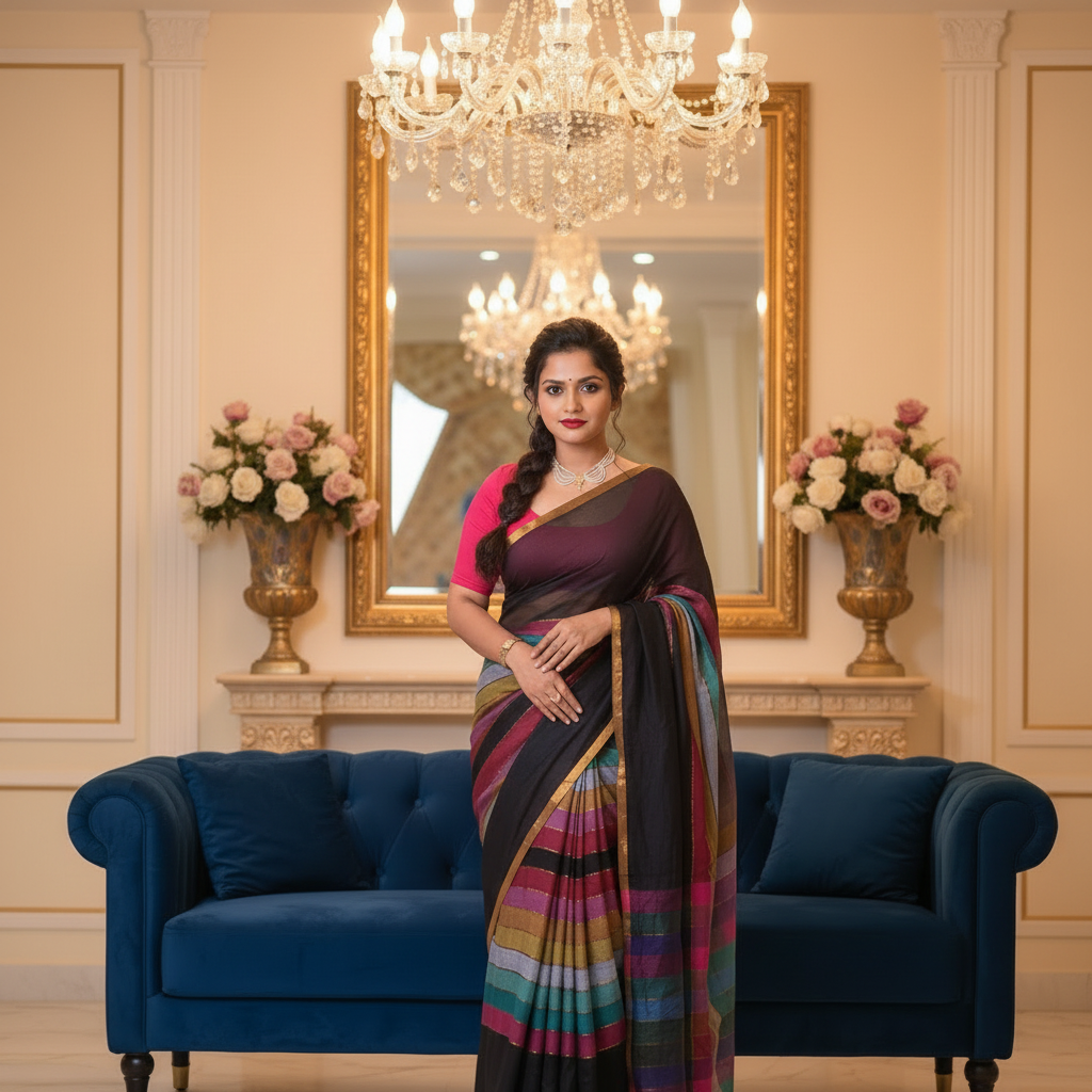 Vayu -Handwoven Rainbow Black Mul