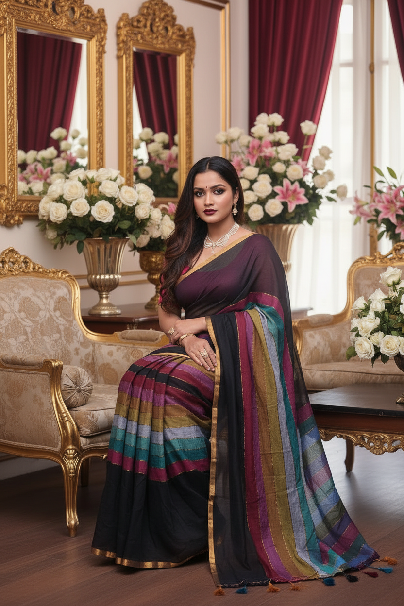 Vayu -Handwoven Rainbow Black Mul